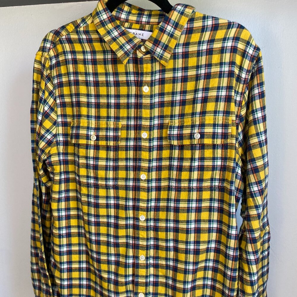 FRAME YELLOW FLANNEL PLAID LONG SLEEVE BUTTON UP SHIRT